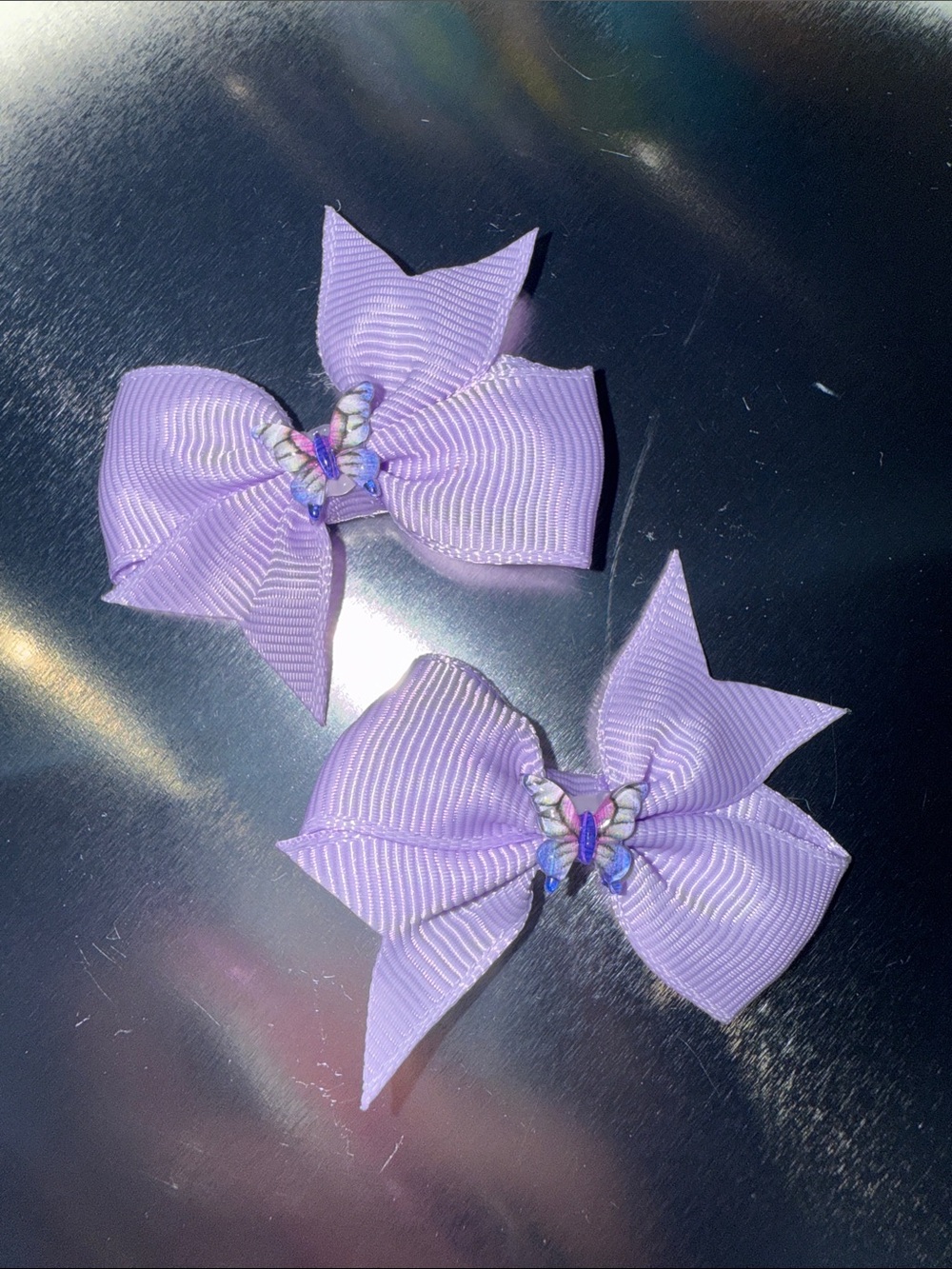 1 pair lavender Butterfly Grosgrain Ribbon Hair Bows Handcrafted 2.16 inches